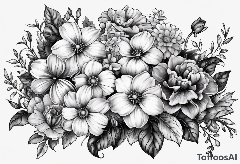 black and gray bunch of flowers that include violets, daffodils, daisies, roses, morning glorys, marigolds, chysanthemums tattoo idea