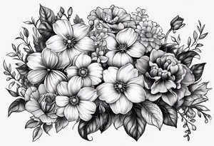 black and gray bunch of flowers that include violets, daffodils, daisies, roses, morning glorys, marigolds, chysanthemums tattoo idea