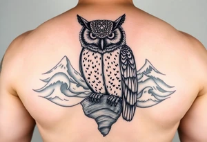 Masked owl overlooking a trench with waves in the background for the arm tattoo idea