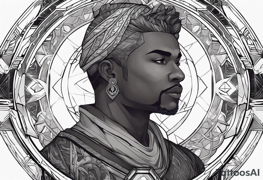 Jehovah looking out at the marvels of his creation from the atoms to the galaxy and celestial beings. With grey wash and a fantasy theme. Jehovah has to be a character who is so majestic, charismatic, immensely powerful. There isnt a single thing he isnt capable of doing. Infinitely powerful forward facing tattoo idea