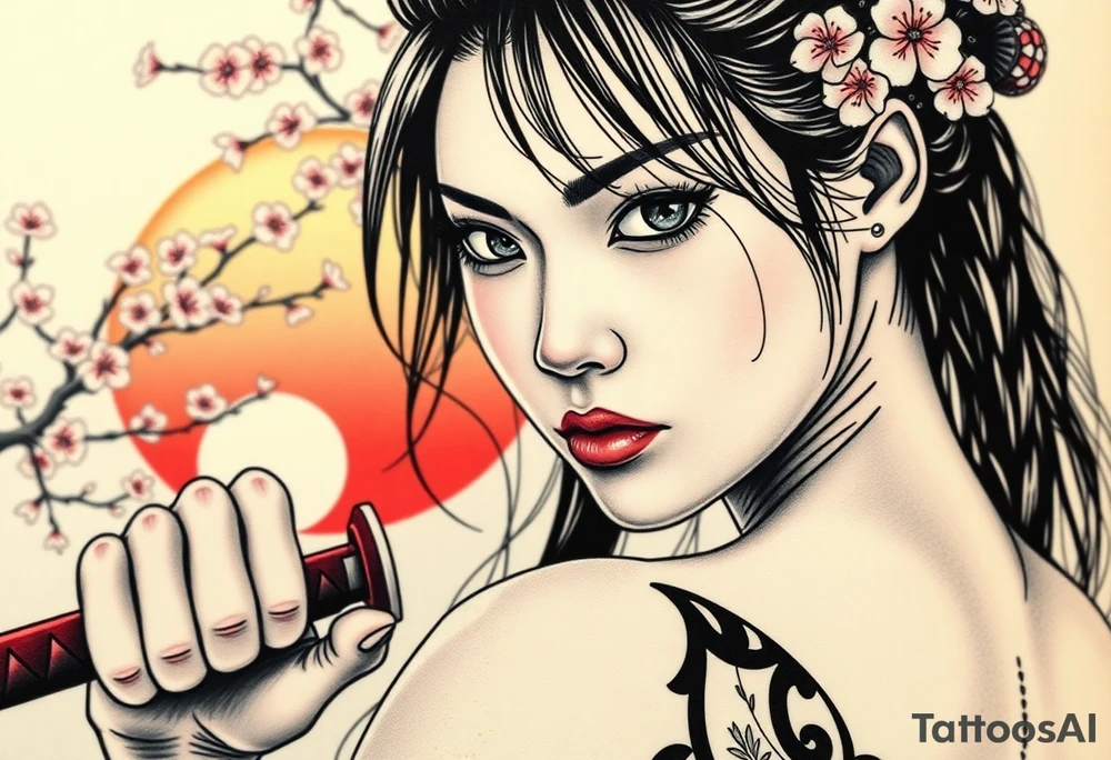 Beautiful female samurai holding a sword . Zoomed up on her face. Cherry blossoms and sunset in the background. tattoo idea
