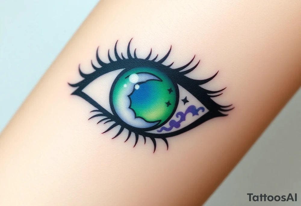Large outline of an eye shaped like an almond with eye colored greenish blue with long pretty black eyelashes + spade eyeball inside of the eye + a crescent moon stars and clouds inside of the eyeball only + using vivid colors like blue green purple light blue light green light purple tattoo idea