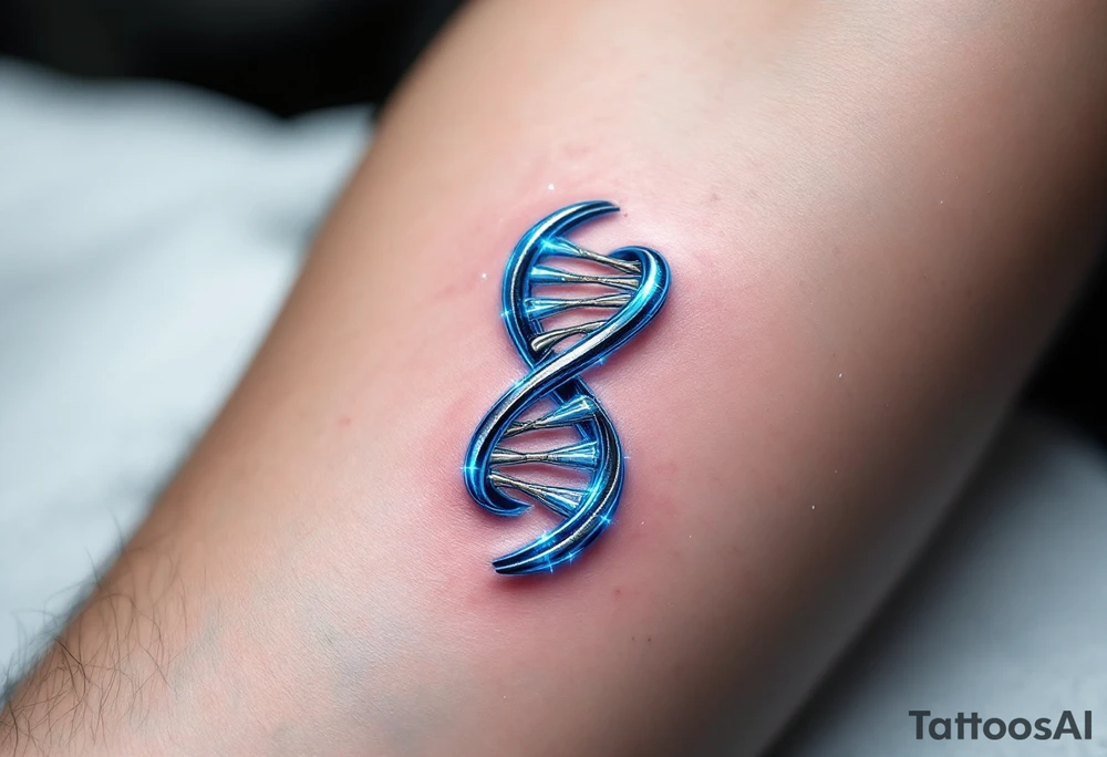 A DNA helix in the form of an infinity, glowing in electric blue and silver, symbolizing life and legacy. tattoo idea