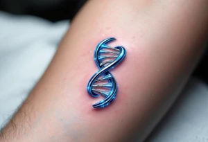 A DNA helix in the form of an infinity, glowing in electric blue and silver, symbolizing life and legacy. tattoo idea