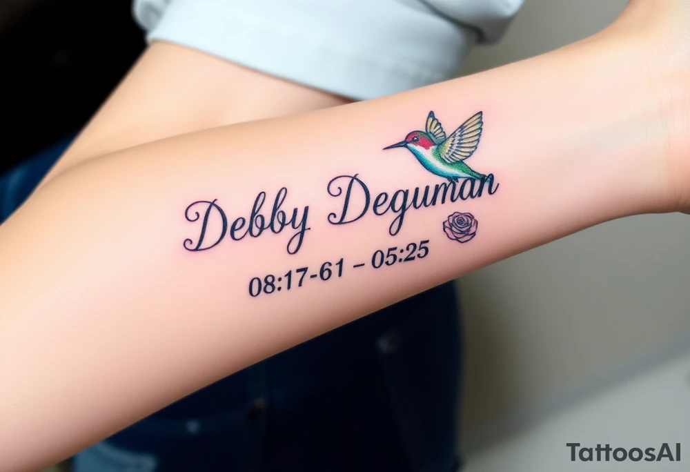 Cursive name Debby Deguzman surrounded by a hummingbird a rose and these dates 08-17-61 to 05-29-25 tattoo idea