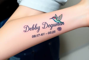 Cursive name Debby Deguzman surrounded by a hummingbird a rose and these dates 08-17-61 to 05-29-25 tattoo idea