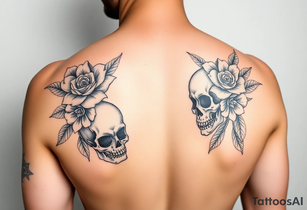 Feminie floral couple love tattoo with skulls tattoo idea