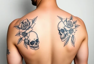 Feminie floral couple love tattoo with skulls tattoo idea