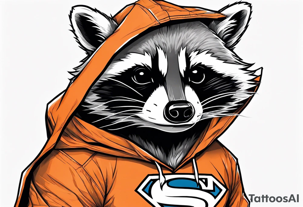 Raccoon wearing an orange Superman hoodie tattoo idea