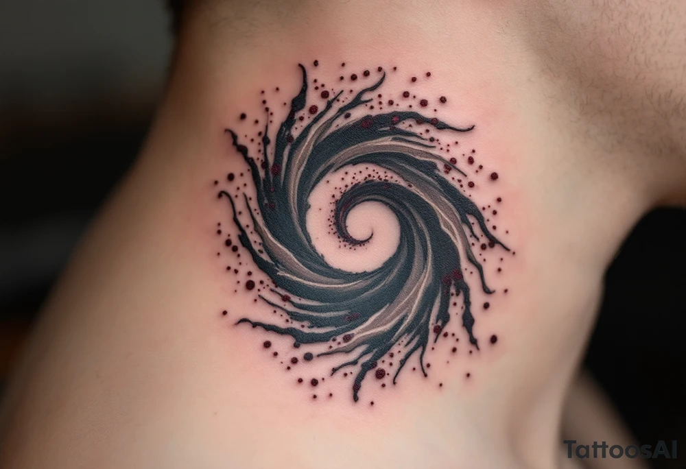 A smoke-gray spiral dissolving into specks of maroon, portraying release and change. tattoo idea