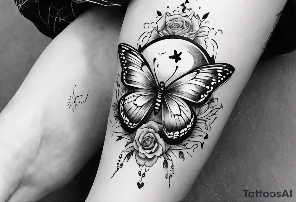 Butterfly wrap tattoos with large centre piece with moon and floral theme and heart. Bracelet around ankle show on higher ankle tattoo idea