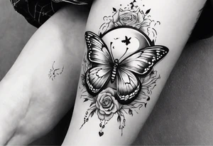 Butterfly wrap tattoos with large centre piece with moon and floral theme and heart. Bracelet around ankle show on higher ankle tattoo idea