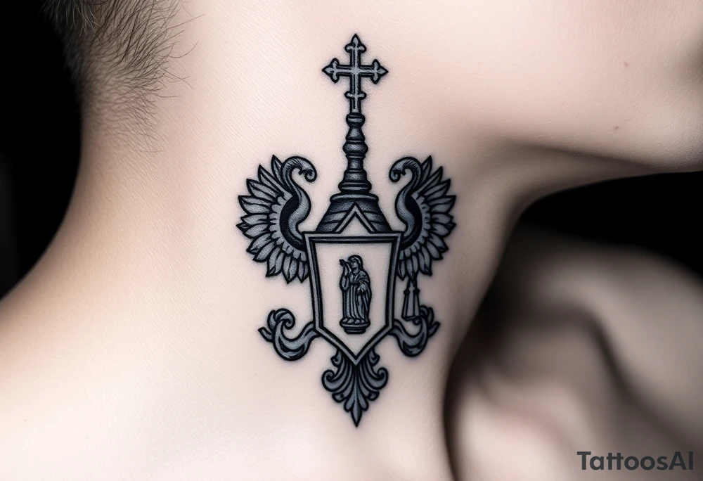 russian coat arms in a russian christian orthodox style virgin mary & orthodox dome church on the side of the neck tattoo idea