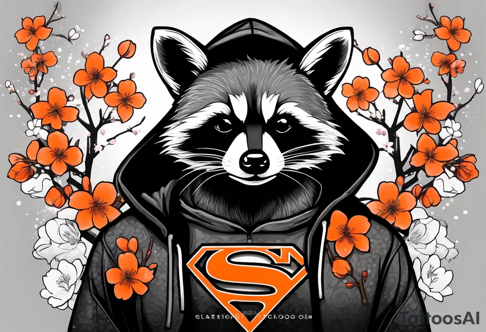 Raccoon wearing a white Superman logo on a black hoodie and orange Japanese cherry blossoms beside tattoo idea