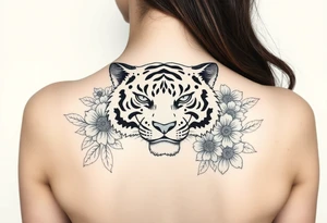 a whole tiger with some flowers around it tattoo idea