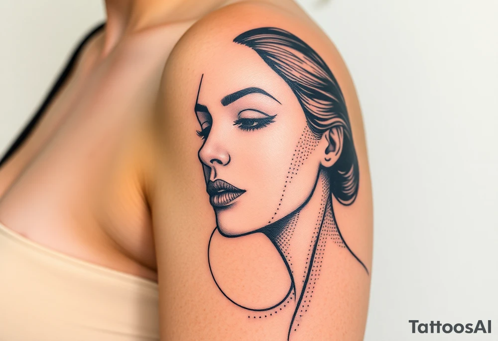 Desenhe uma tatuagem que simbolize uma mulher feminista de 41 anos, mãe de dois filhos homens, independente e filósofa inspirada nas teorias de Deleuze. A tatuagem deve expressar força, liberdade e conexão com a multiplicidade da vida, incorporando elementos abstratos e fluidos, com linhas que sugiram movimento e transformação contínua. Evite clichês e busque um design original e significativo. tattoo idea