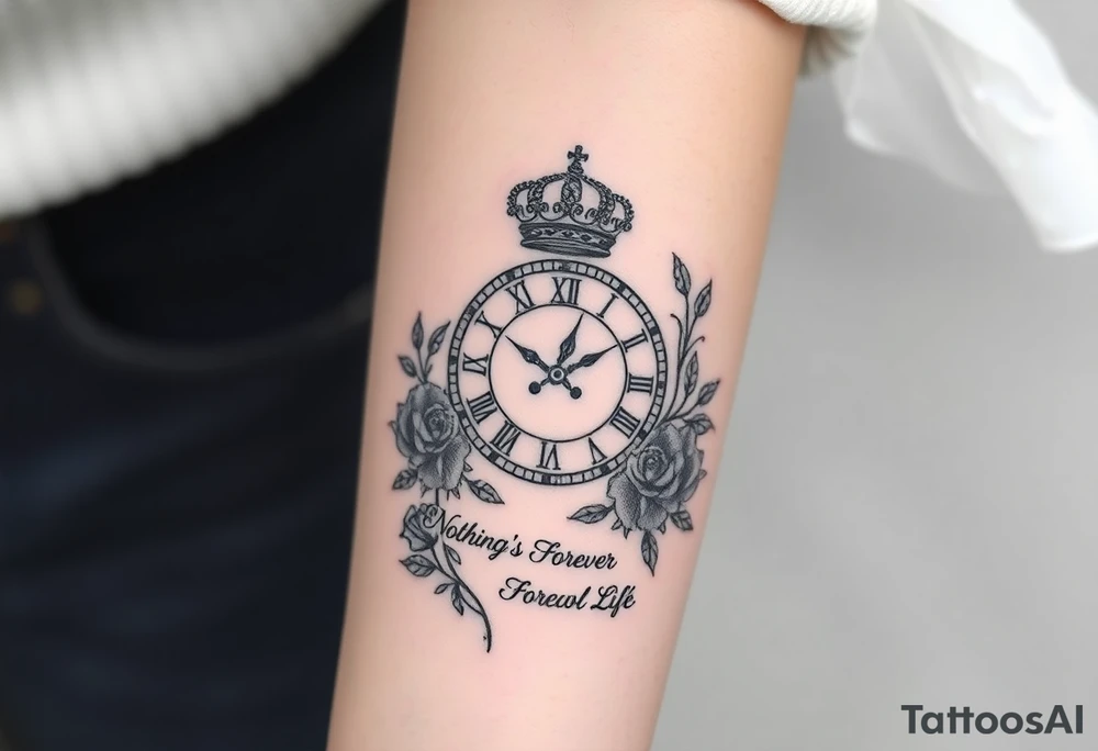 Roman clock with a crown, surrounded by  roses and a quote that says nothings forever and with playing cards tattoo idea