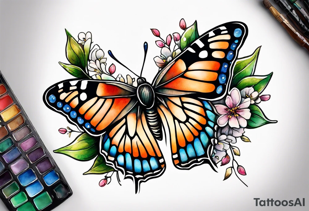 Winding branches and leaves and tiny flowers with a small moth tattoo idea