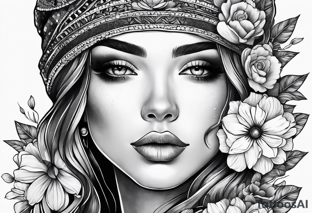 Half faced woman with flowers tattoo idea