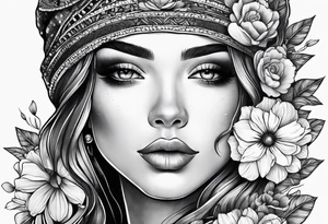 Half faced woman with flowers tattoo idea