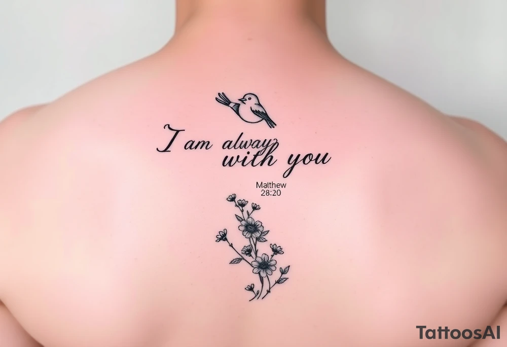 Bible verse “I am always with you Matthew 28:20” with a dainty bird on top with small flowers on the bottom going vertical down the spine tattoo idea