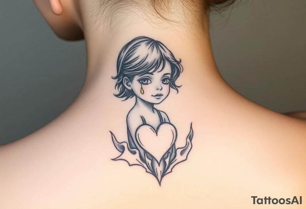 A little girl rising through the ashes, with a tear in her eye and a heart of gold tattoo idea