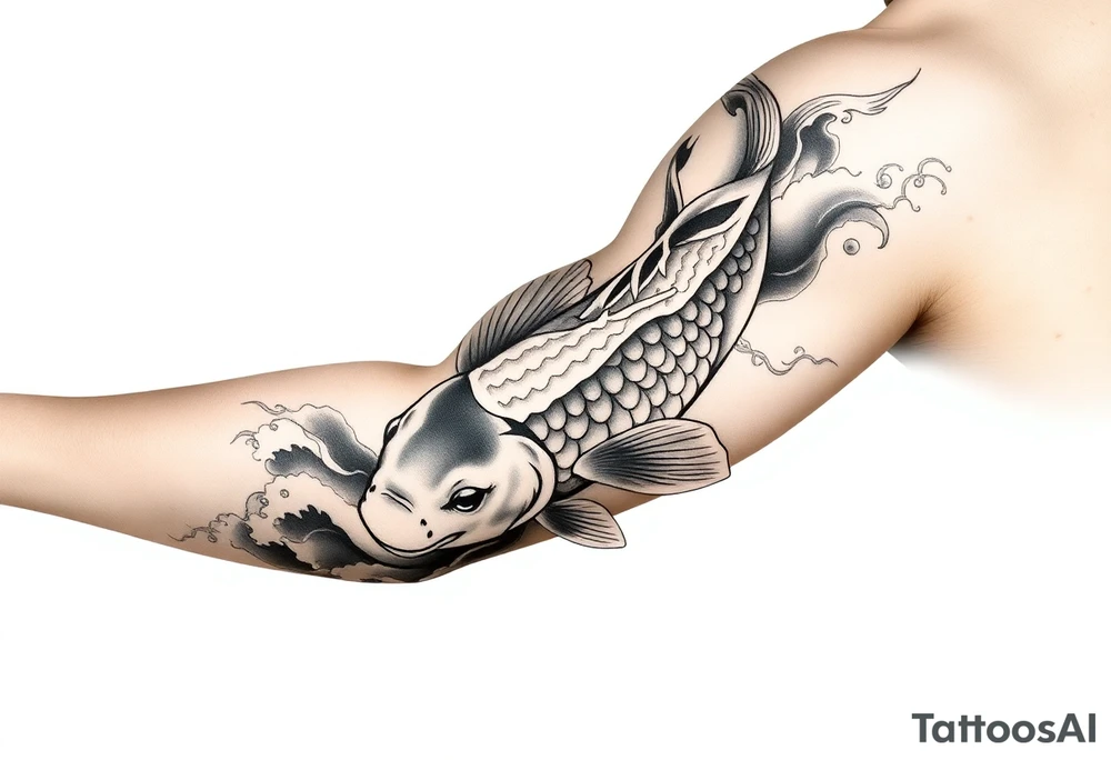 traditional koi fish swimming upstream through turbulent waves tattoo idea