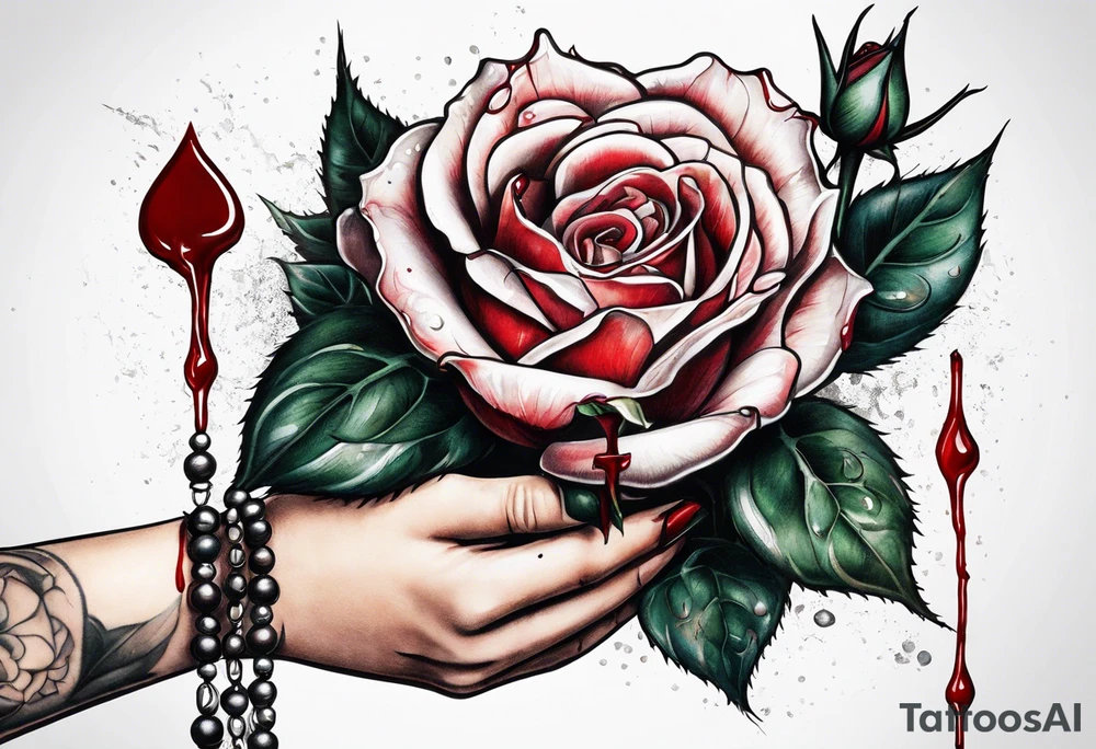 Feminine hand holding a rose with blood dripping down the hand from the thorns with 3 hanging rosary beads. tattoo idea