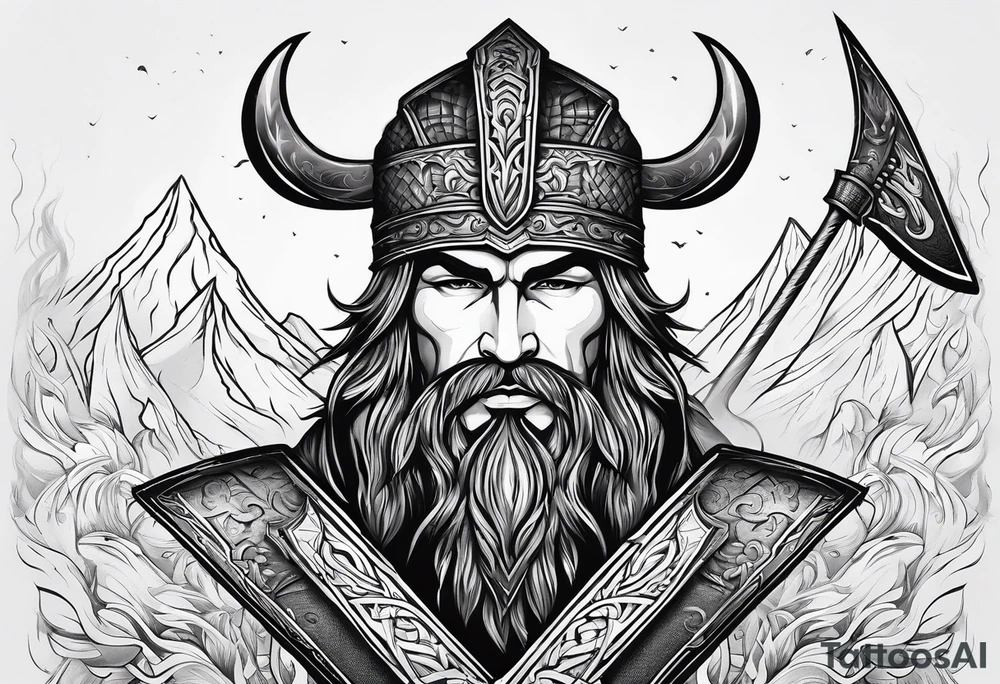Valhalla sword shield axe mist fog tattoo idea