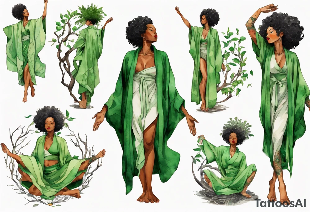 a beautiful black woman wearing a green robe with legs that turn into tree roots, arms raised towards the sun tattoo idea