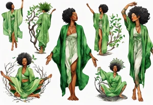 a beautiful black woman wearing a green robe with legs that turn into tree roots, arms raised towards the sun tattoo idea