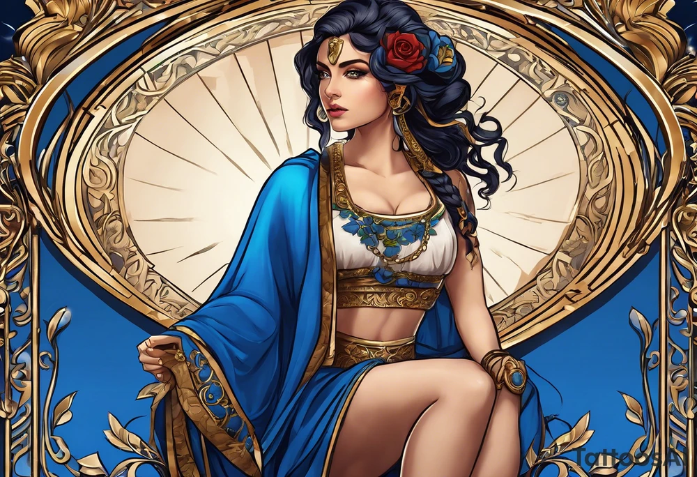 ancient rome clothes ,women,,ancient scale in one hand, blue rose frames, ladies justicia ,keeps  scale tattoo idea