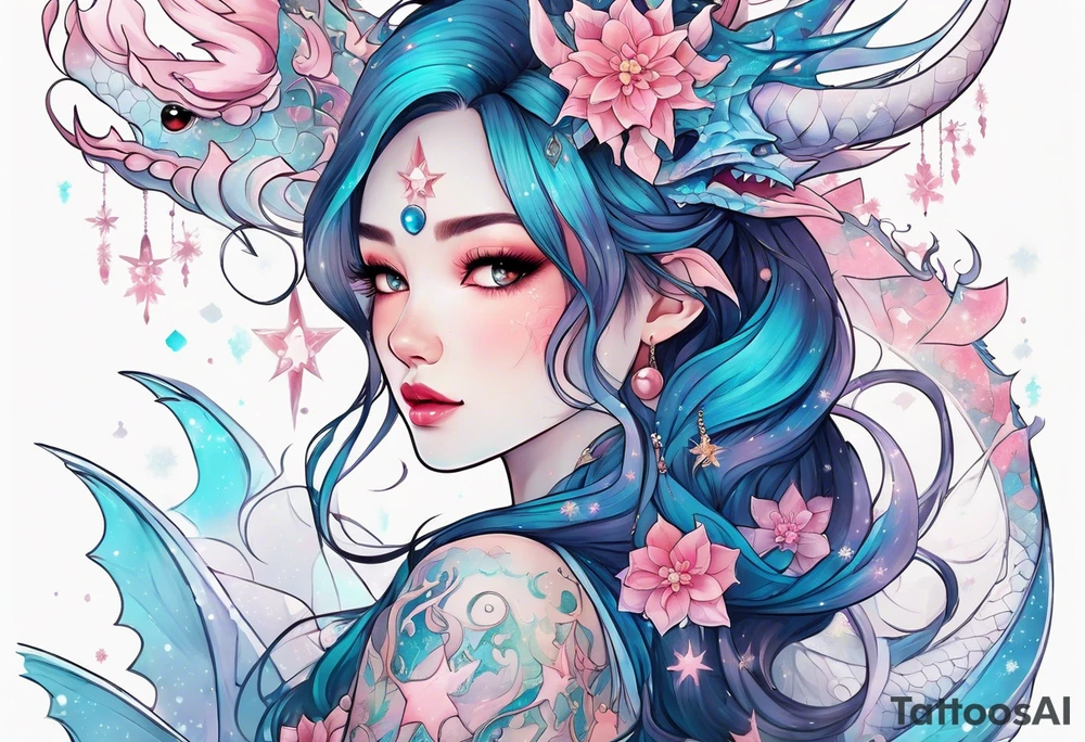 Constellation, kawaii dragon girl , snowflake tattoo idea