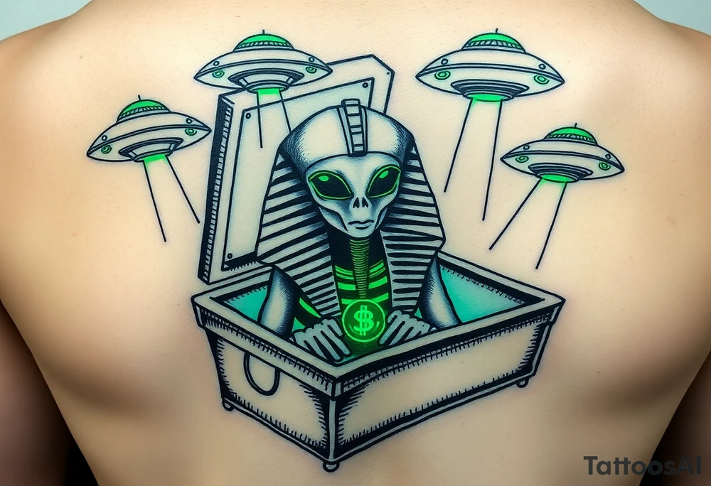 "Pharaoh's sarcophagus opening to reveal a grey alien. Instead of organs: glowing crypto wallets. Floating UFOs are shaped like Chevy Impalas (lowrider style).  

Style: Neo-traditional tattoo with glitch effects. Colors: turquoise/black/neon green." tattoo idea