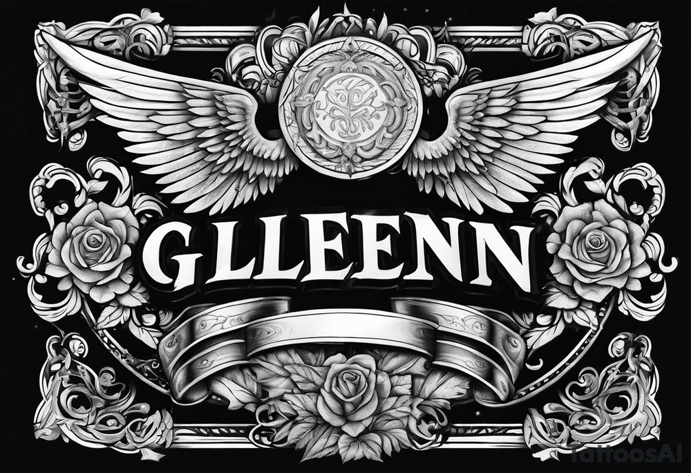 The word Glenn on a banner with angel Wings tattoo idea