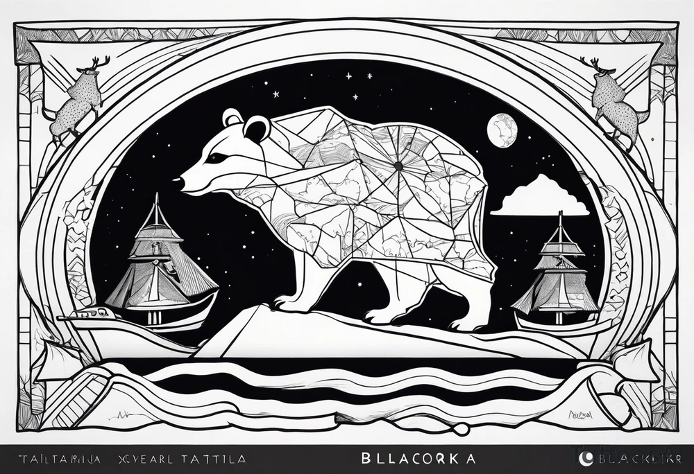 A badger and reindeer on an ark with the outlined by the map of Mallorca tattoo idea