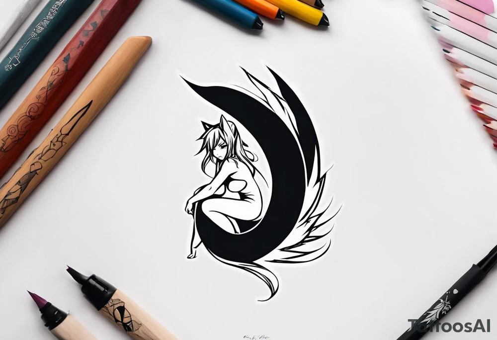 A fairy with a tail inspired by the logo of the anime show called Fairy Tail in a fetal position leaning in tattoo idea