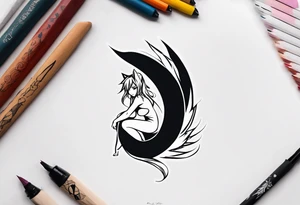 A fairy with a tail inspired by the logo of the anime show called Fairy Tail in a fetal position leaning in tattoo idea