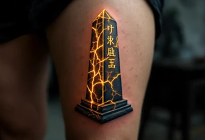 A cracked stone obelisk etched with golden hieroglyphs glowing faintly. tattoo idea