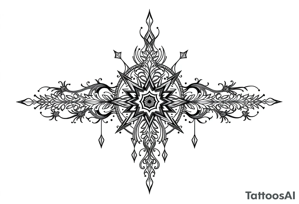 mystical dark and long ornament with shaman and witch style and ancient rhyme tattoo idea