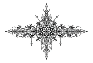 mystical dark and long ornament with shaman and witch style and ancient rhyme tattoo idea