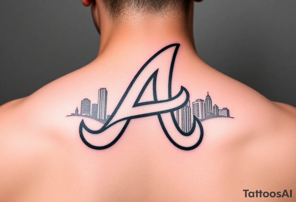 Atlanta Braves letter logo “A” overlapping the Atlanta skyline in the back going upward. More height than width. The buildings are concise and jam packed parallel to the logo. tattoo idea