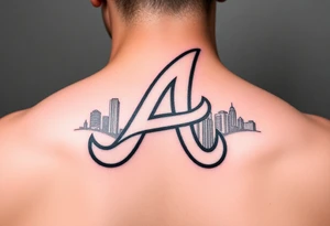 Atlanta Braves letter logo “A” overlapping the Atlanta skyline in the back going upward. More height than width. The buildings are concise and jam packed parallel to the logo. tattoo idea