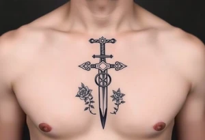 A gothic cross with a sword tip on the bottom going through an infinity sign and has roses and vines growing around tattoo idea