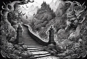 walking through the shadow valley of death with a stair case in the middle and lots of demons on one side and lots angel on the other side tattoo idea