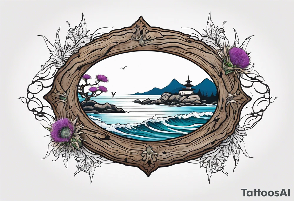 An oval frame of driftwood and sea with a thistle at the bottom of the frame. tattoo idea