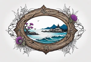 An oval frame of driftwood and sea with a thistle at the bottom of the frame. tattoo idea