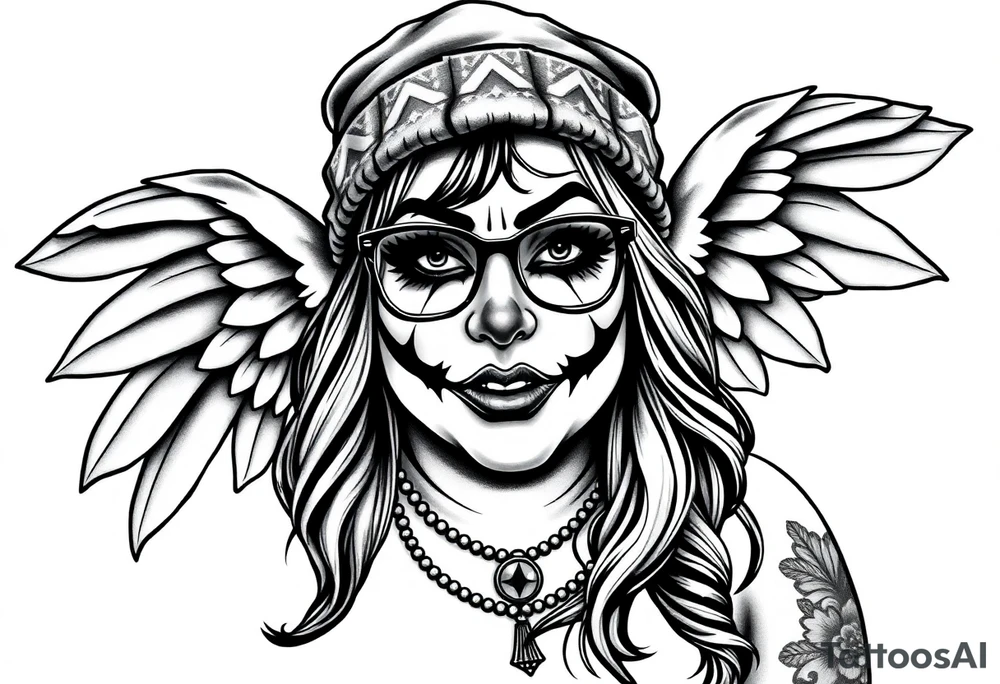 Chicana BBL fat sexy chunky plus size beautiful long hair clown makeup angel wings thug beanie eyeglasses tattoo idea