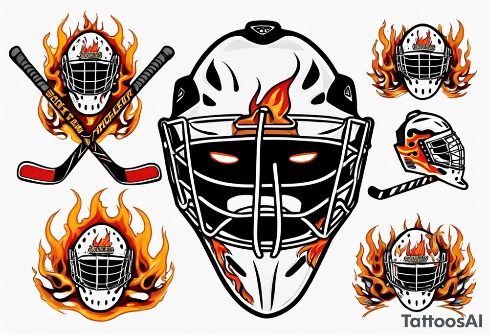 a goalie mask and crossed hockey sticks with flames that says "SHOT HOCKEY" tattoo idea