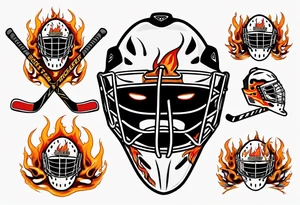 a goalie mask and crossed hockey sticks with flames that says "SHOT HOCKEY" tattoo idea